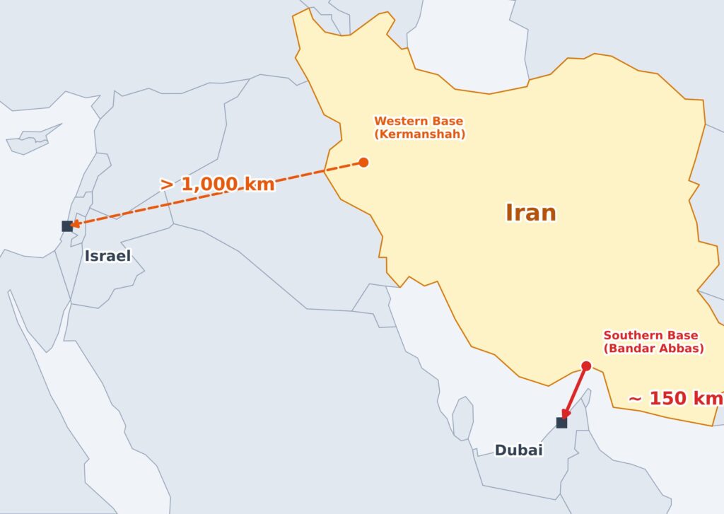 イランのミサイル基地からドバイまでは約150km、イスラエルまでは1,000km以上離れていることを示す位置関係の地図