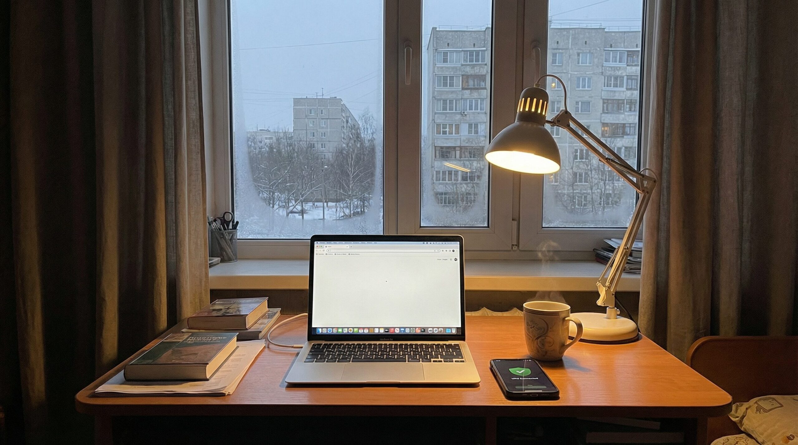 カザンの自宅デスクでVPN接続済みのスマートフォンとノートパソコンを使って作業している様子