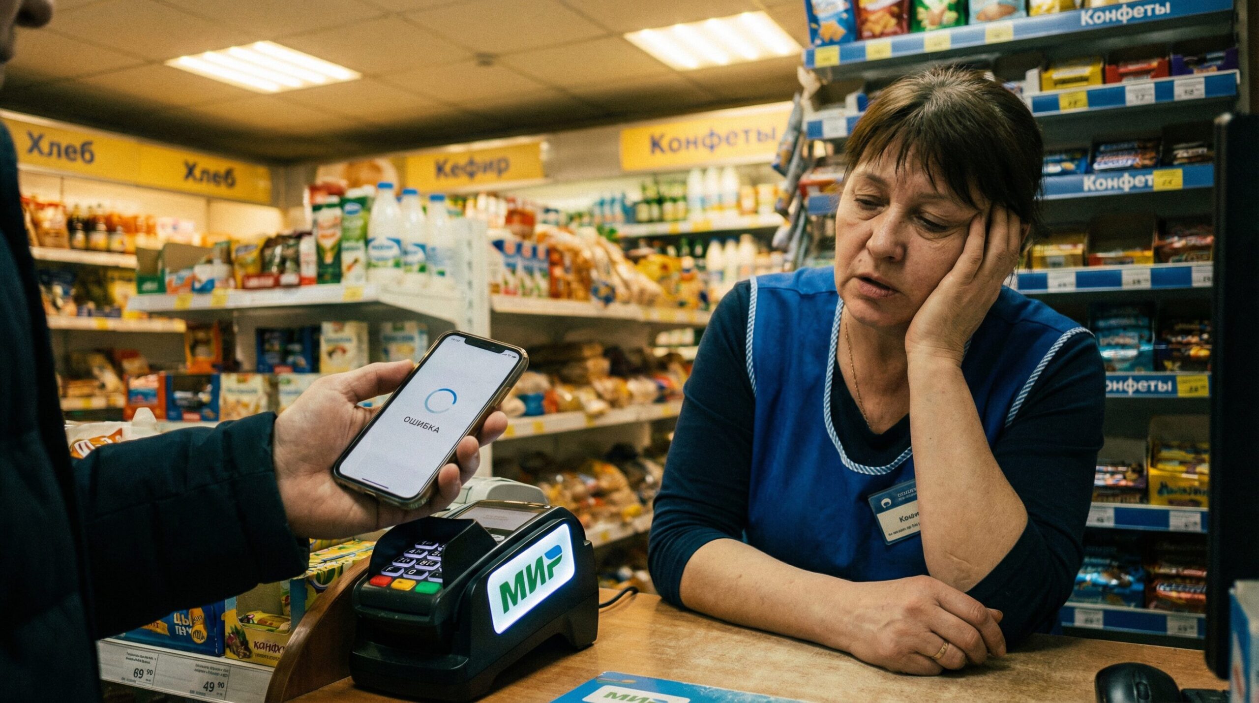 ロシアの商店でMIR決済端末にスマホをかざすが「エラー」と表示される場面。ズベルバンクのアプリが使えない現実を示す