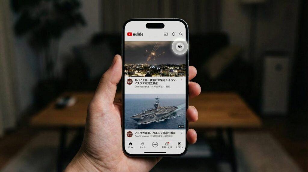 iPhoneのYouTubeアプリで動画が音声付き自動再生されている画面。設定をオフにする選択肢が消えている