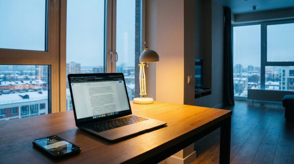 YouTubeをパソコンで見るようにした筆者のデスク。MacBookにブログ記事が表示され、横にiPhoneが置かれている