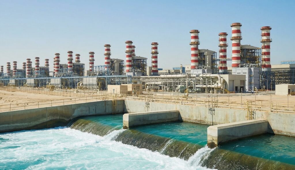 送電線とフェンス越しに見える発電・淡水化プラント（遠景）