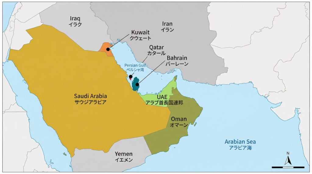 ミサイル攻撃の標的となったUAEとサウジアラビア、イランの地理的関係を示す地図