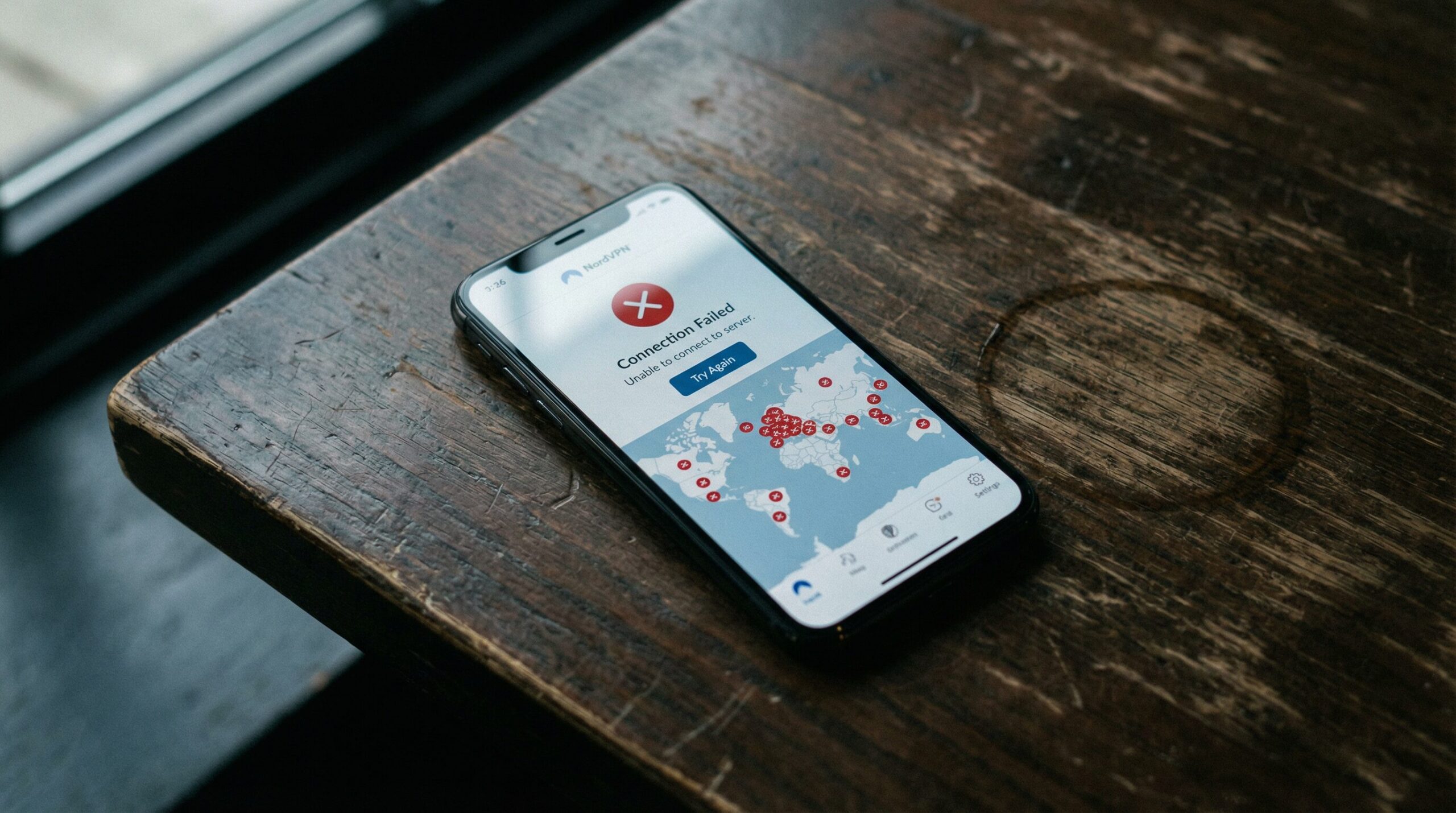 NordVPNアプリで「Connection Failed - Unable to connect to server」と表示されたスマートフォン