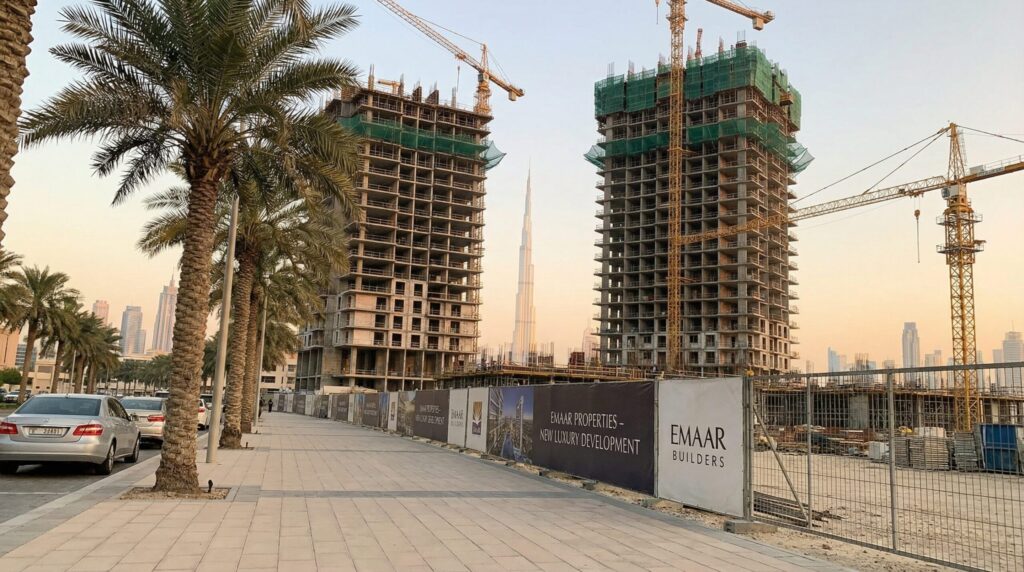 ドバイの街中で見かける建設中の高層ビルとスカイライン