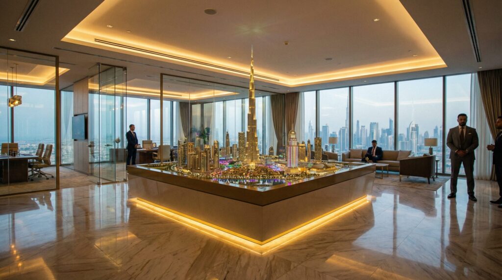 不動産オフィスの中心に置かれたドバイの巨大な都市模型（完成予想ジオラマ）