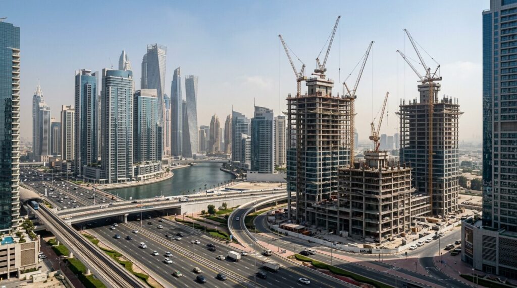 高速道路と運河の横で、複数のクレーンが稼働し高層ビルが建設中のドバイの開発エリア