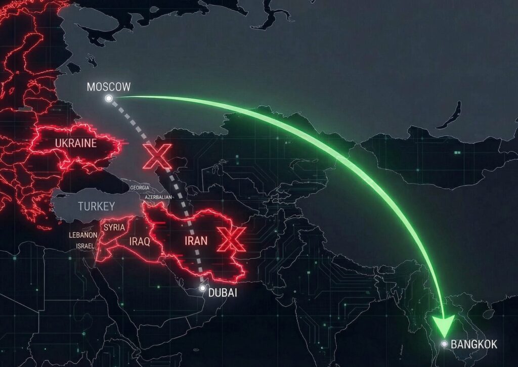 モスクワから紛争地域（ウクライナ・イラン）を回避してバンコクへ向かう安全なフライトルートを示す図