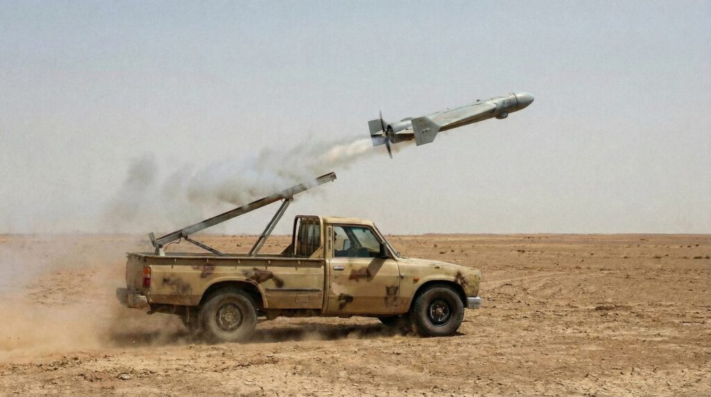 トラックの荷台からレール発射されるシャヘド136ドローン