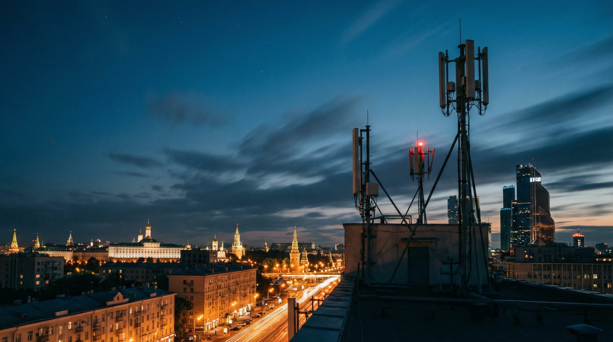 モスクワのクレムリンと通信基地局の夜景。ロシアのモバイルインターネット遮断の象徴的な風景