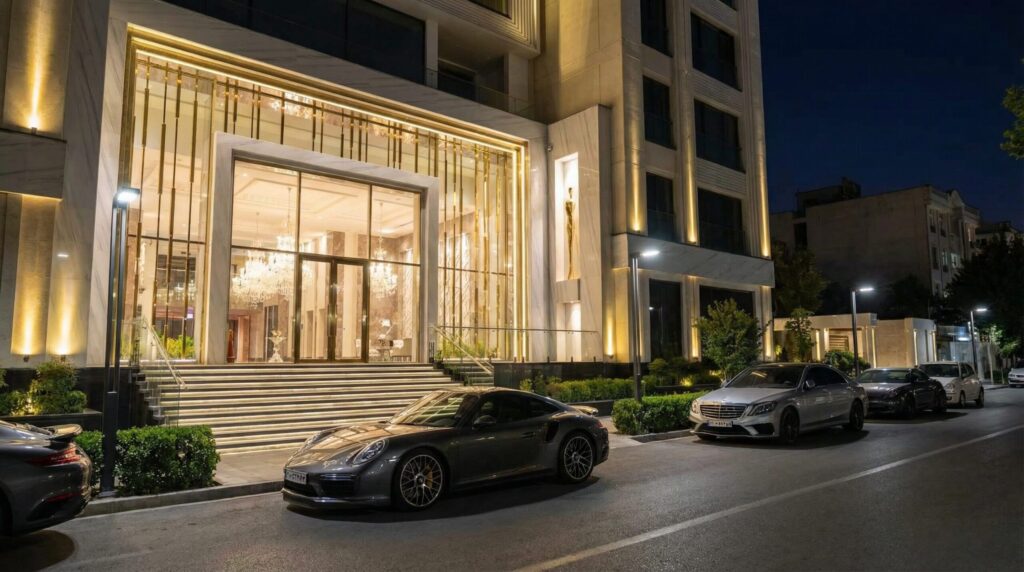 ドバイ経由の資金で発展を遂げたテヘランの富裕層エリアを象徴する、高級車と豪華な建物