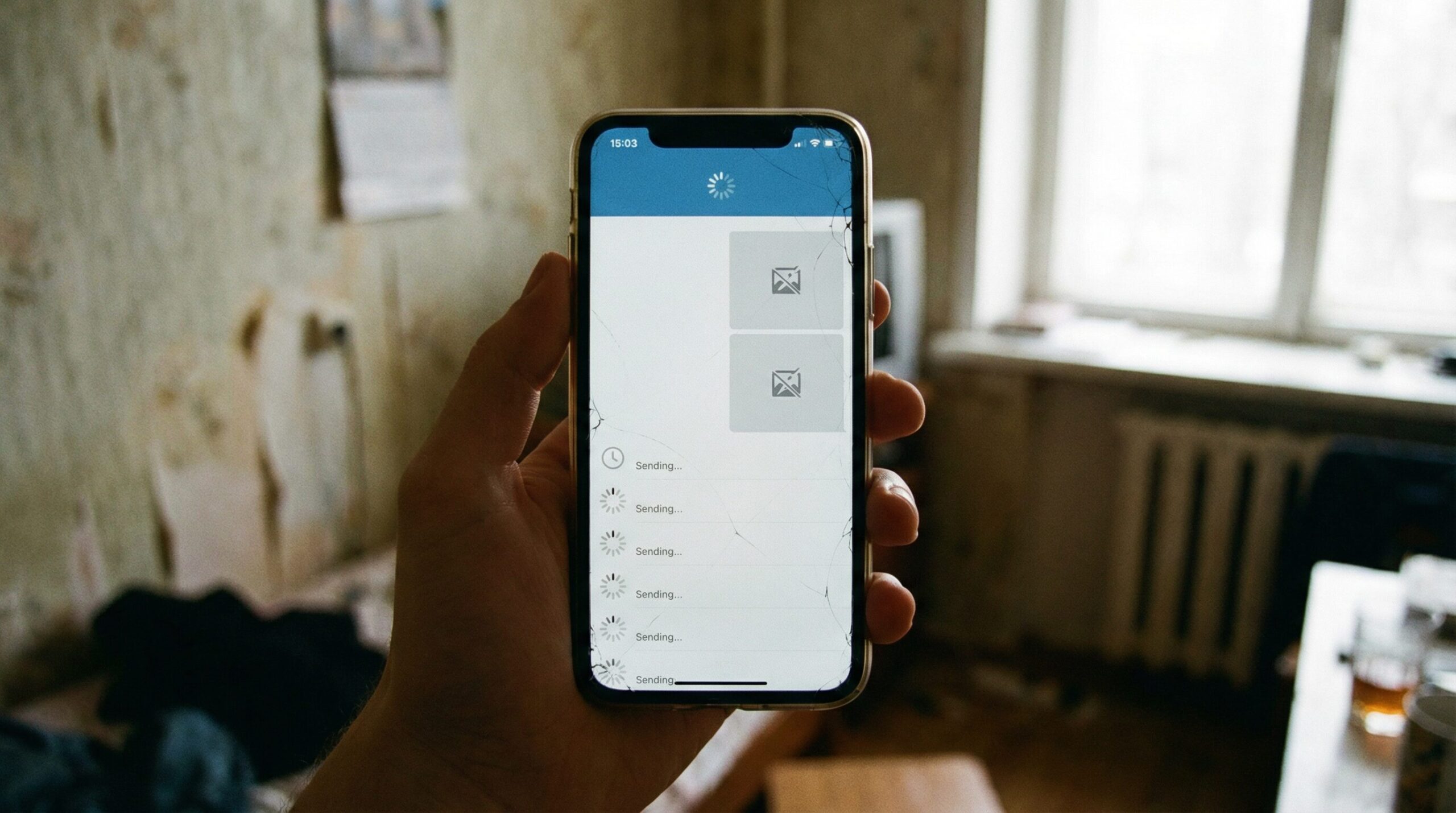 Telegramでメッセージが「Sending...」のまま送信できず、画像も読み込めない状態のスマートフォン画面