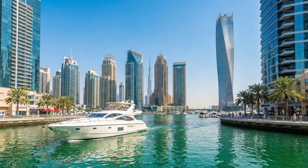 ドバイ・マリーナの青い運河とそびえ立つ高層ビル群の間を進む豪華な白いクルーザー