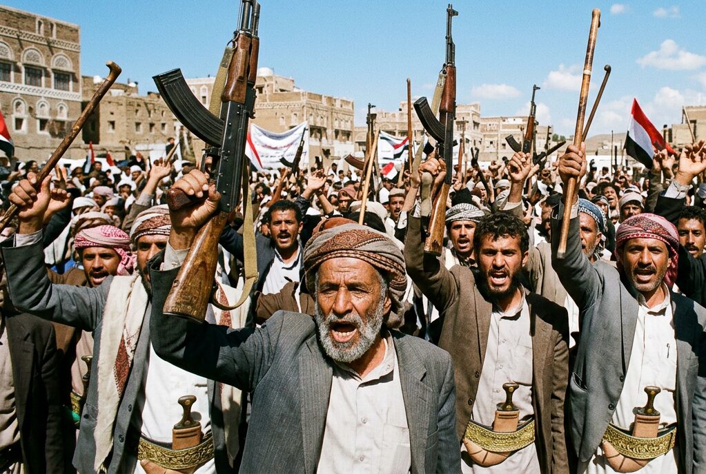 ライフルを高く掲げて気勢を上げるイエメンの武装組織「フーシ派」の民兵たち