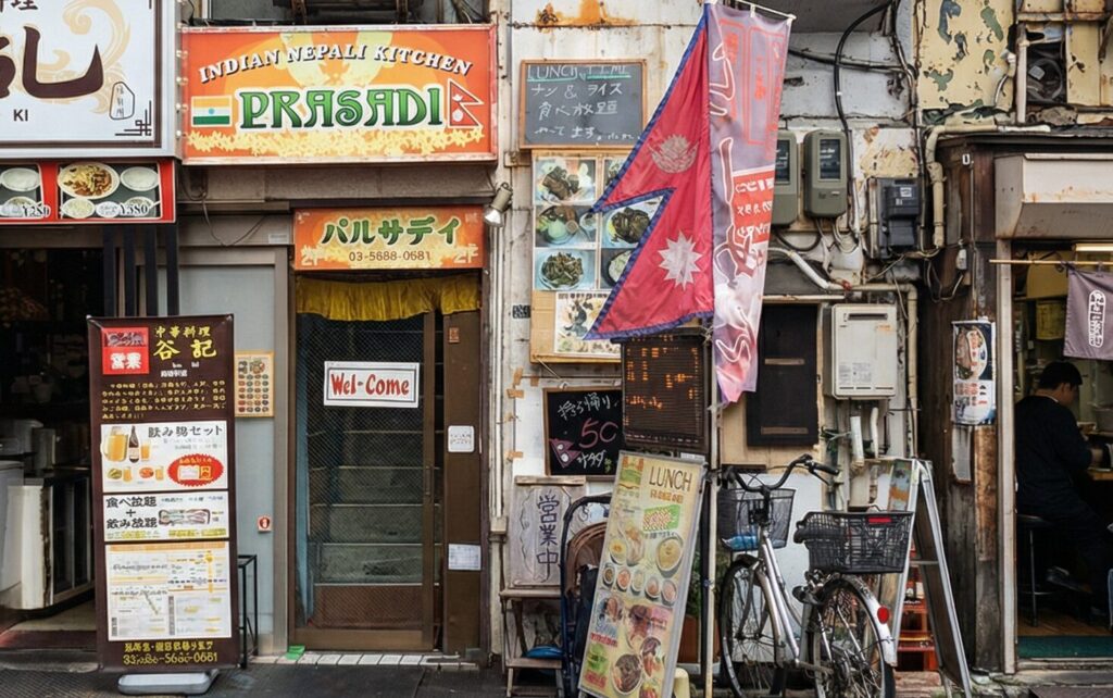 御徒町のネパール料理店PRASADIの外観。ネパール国旗が掲げられ、看板には「INDIAN NEPALI KITCHEN」の文字